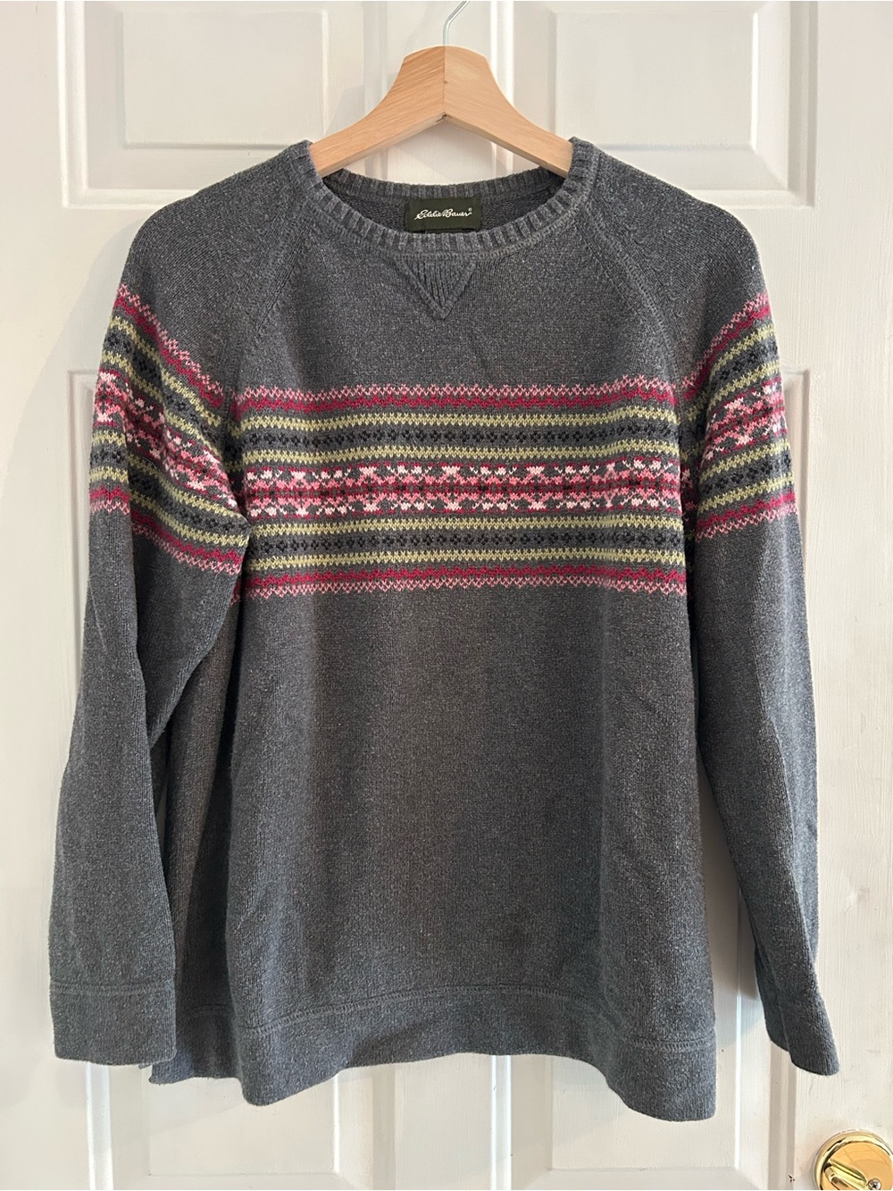Eddie Bauer Gray Crewneck Sweater with Pink and Green Fair Isle